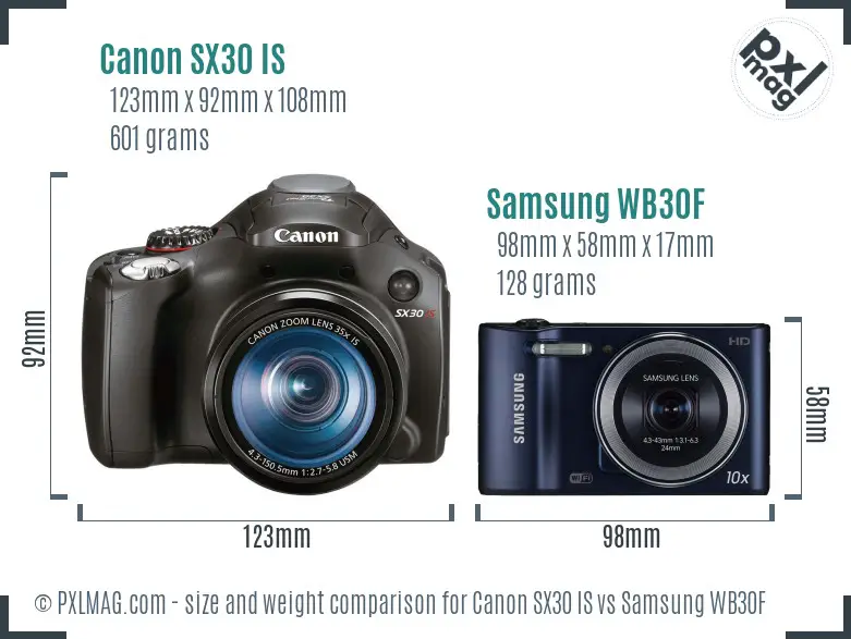 Canon SX30 IS vs Samsung WB30F size comparison