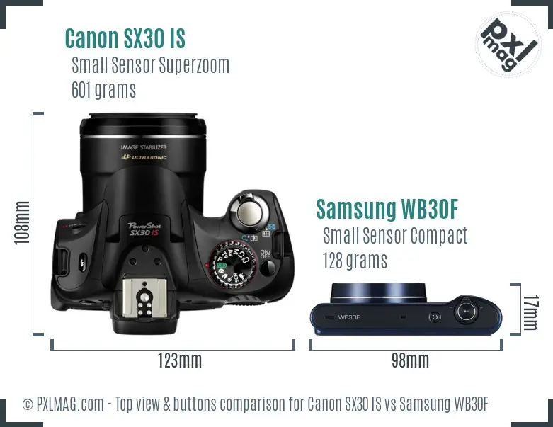 Canon SX30 IS vs Samsung WB30F top view buttons comparison