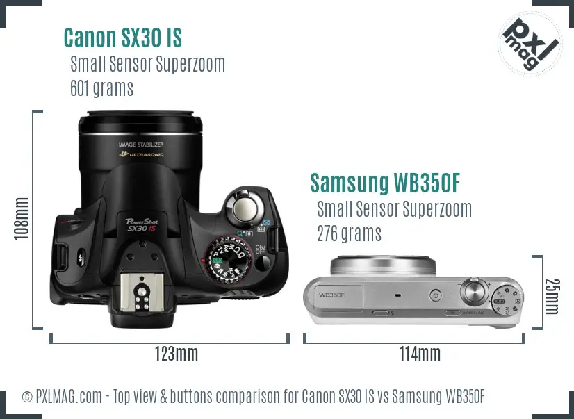 Canon SX30 IS vs Samsung WB350F top view buttons comparison