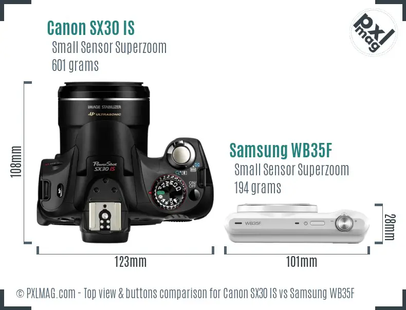 Canon SX30 IS vs Samsung WB35F top view buttons comparison