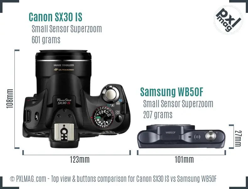 Canon SX30 IS vs Samsung WB50F top view buttons comparison