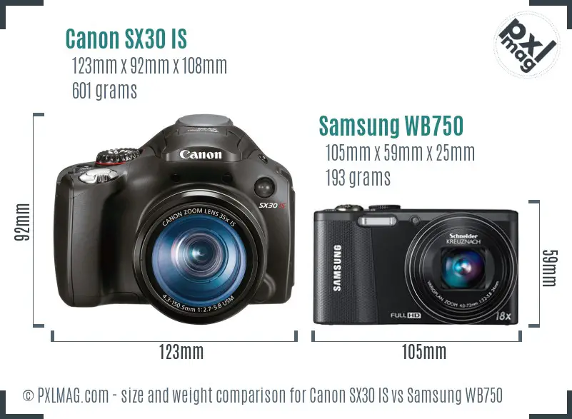 Canon SX30 IS vs Samsung WB750 size comparison