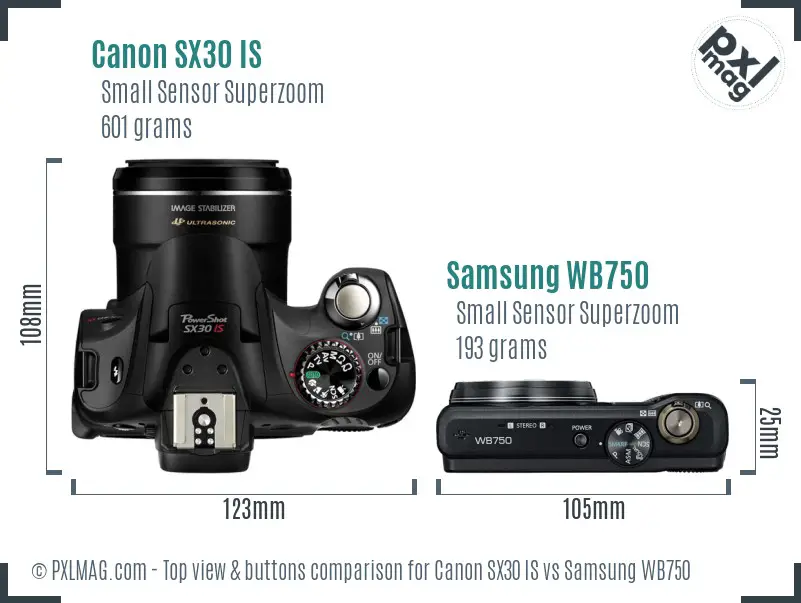 Canon SX30 IS vs Samsung WB750 top view buttons comparison
