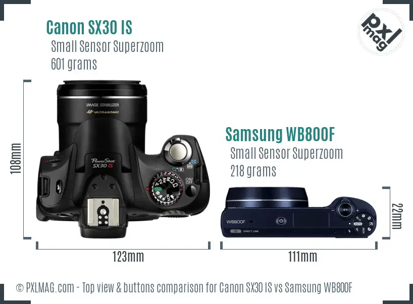 Canon SX30 IS vs Samsung WB800F top view buttons comparison