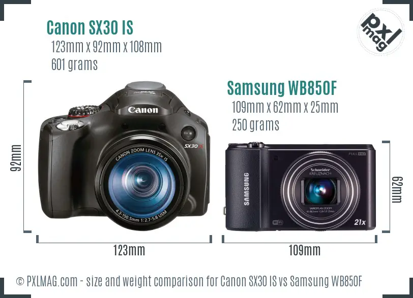 Canon SX30 IS vs Samsung WB850F size comparison