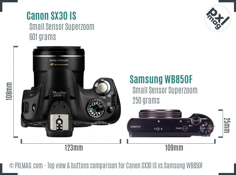 Canon SX30 IS vs Samsung WB850F top view buttons comparison