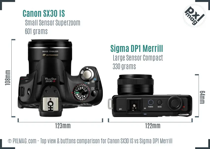 Canon SX30 IS vs Sigma DP1 Merrill top view buttons comparison