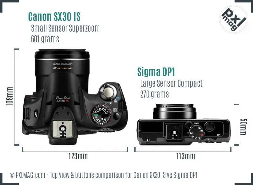 Canon SX30 IS vs Sigma DP1 top view buttons comparison Canon SX30 IS vs Sigma DP1 top view buttons comparison