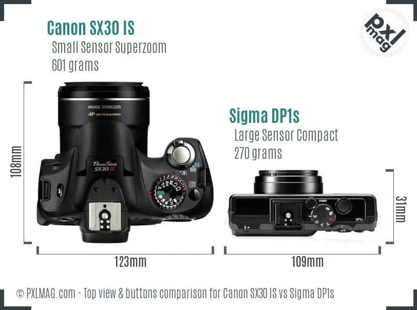 Canon SX30 IS vs Sigma DP1s top view buttons comparison