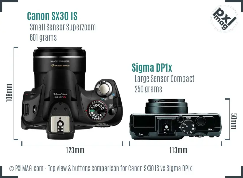 Canon SX30 IS vs Sigma DP1x top view buttons comparison