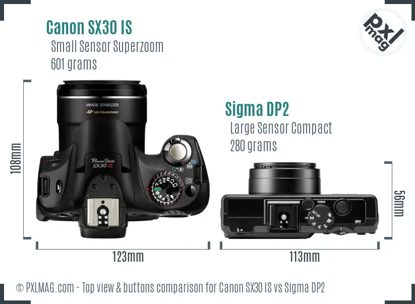 Canon SX30 IS vs Sigma DP2 top view buttons comparison Canon SX30 IS vs Sigma DP2 top view buttons comparison
