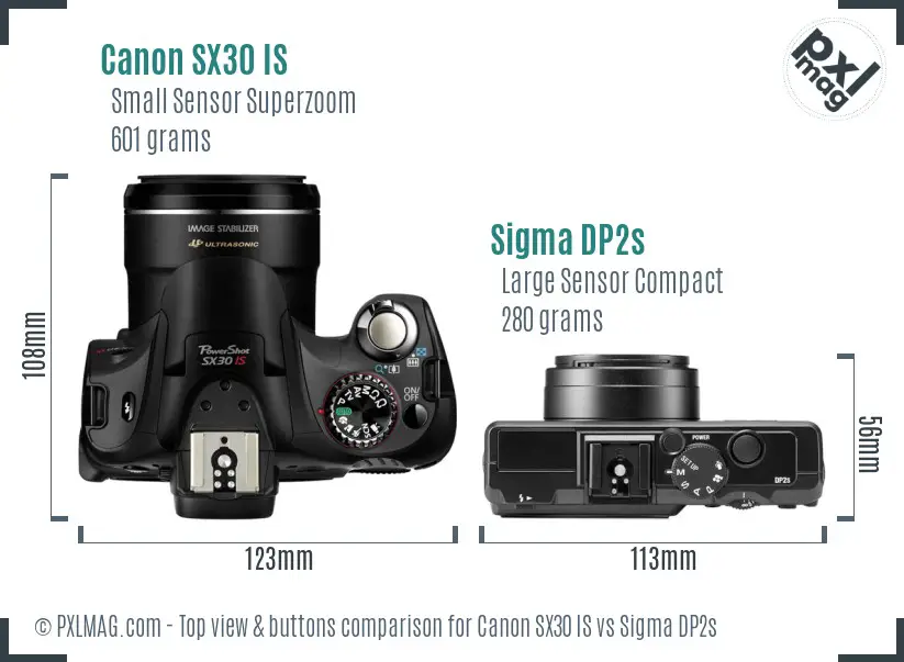 Canon SX30 IS vs Sigma DP2s top view buttons comparison