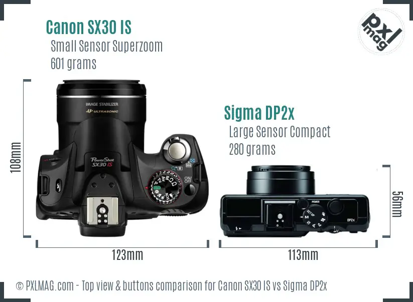 Canon SX30 IS vs Sigma DP2x top view buttons comparison Canon SX30 IS vs Sigma DP2x top view buttons comparison