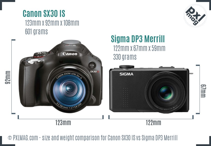 Canon SX30 IS vs Sigma DP3 Merrill size comparison