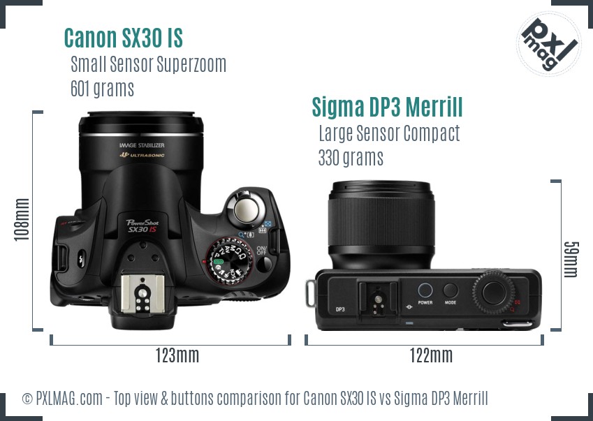 Canon SX30 IS vs Sigma DP3 Merrill top view buttons comparison
