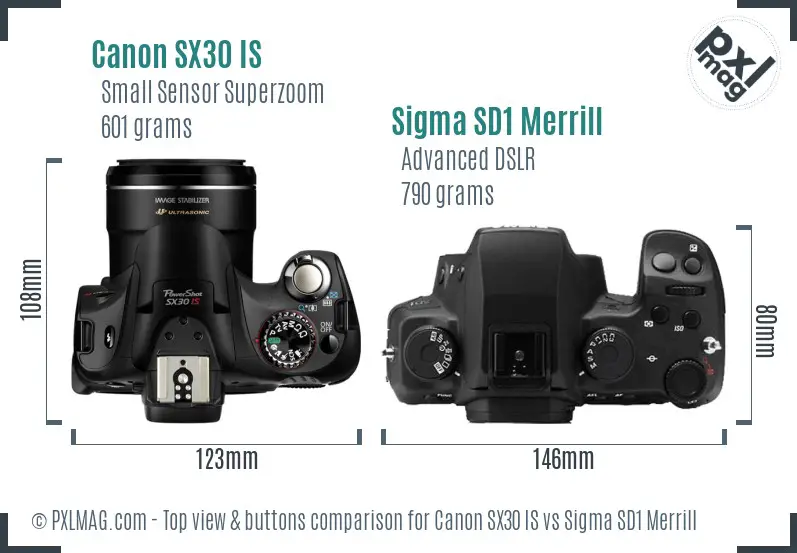 Canon SX30 IS vs Sigma SD1 Merrill top view buttons comparison