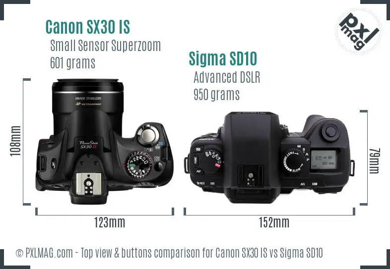 Canon SX30 IS vs Sigma SD10 top view buttons comparison