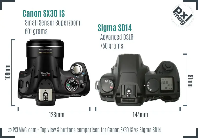 Canon SX30 IS vs Sigma SD14 top view buttons comparison Canon SX30 IS vs Sigma SD14 top view buttons comparison