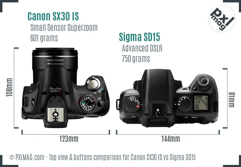 Canon SX30 IS vs Sigma SD15 top view buttons comparison Canon SX30 IS vs Sigma SD15 top view buttons comparison