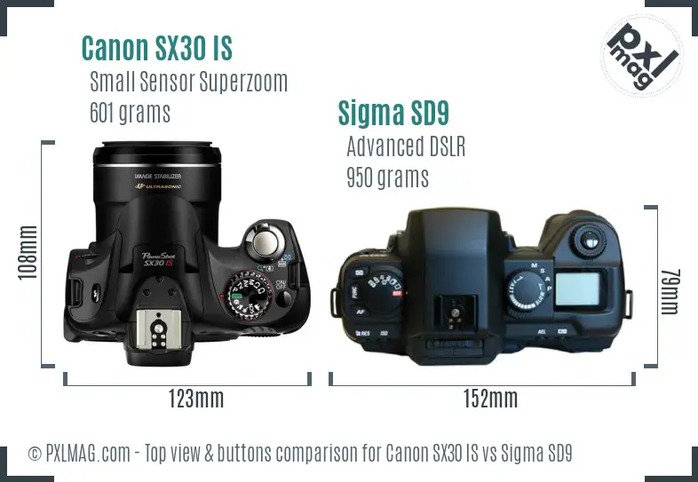 Canon SX30 IS vs Sigma SD9 top view buttons comparison