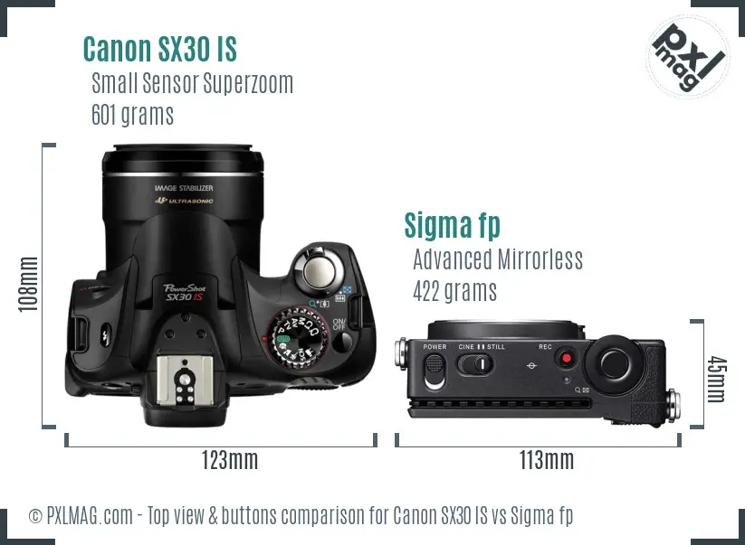 Canon SX30 IS vs Sigma fp top view buttons comparison