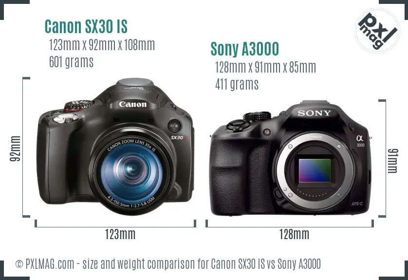 Canon SX30 IS vs Sony A3000 size comparison Canon SX30 IS vs Sony A3000 size comparison