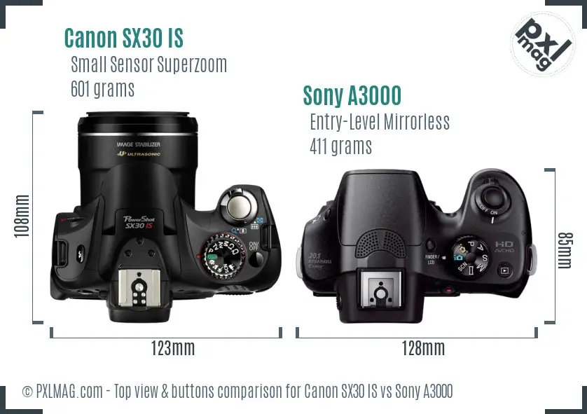 Canon SX30 IS vs Sony A3000 top view buttons comparison Canon SX30 IS vs Sony A3000 top view buttons comparison