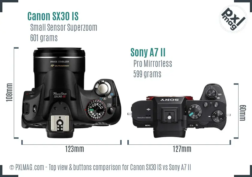 Canon SX30 IS vs Sony A7 II top view buttons comparison
