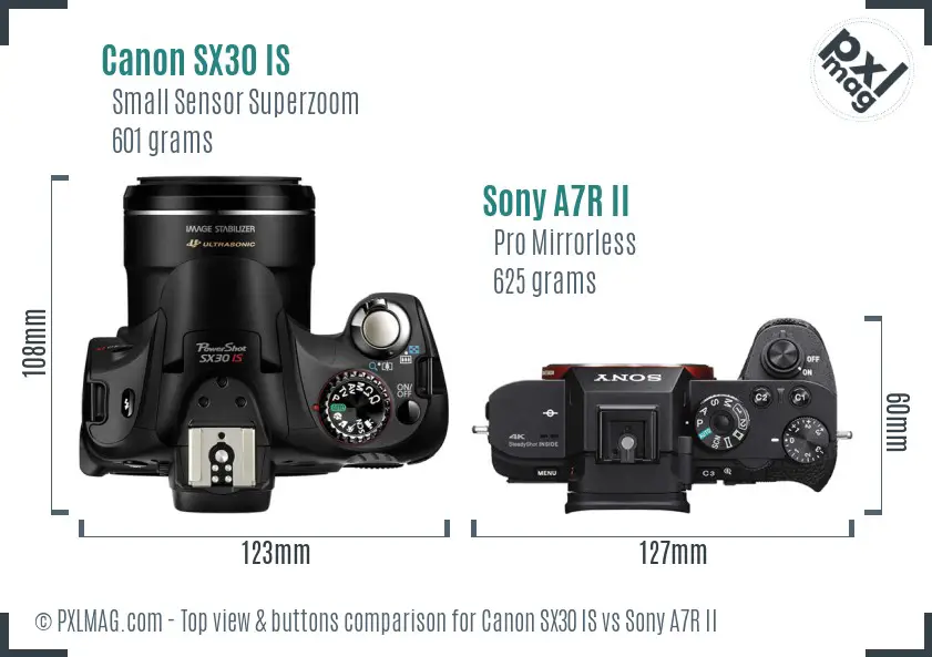 Canon SX30 IS vs Sony A7R II top view buttons comparison
