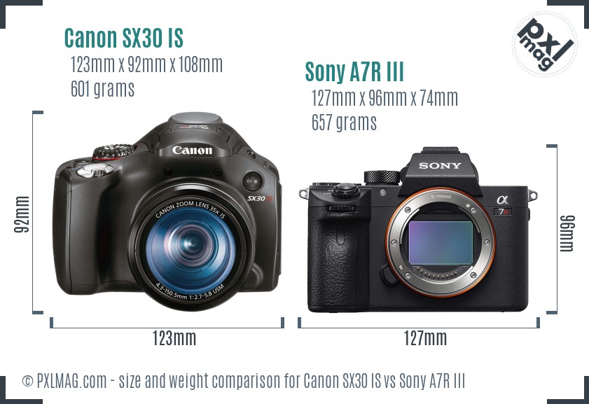 Canon SX30 IS vs Sony A7R III size comparison