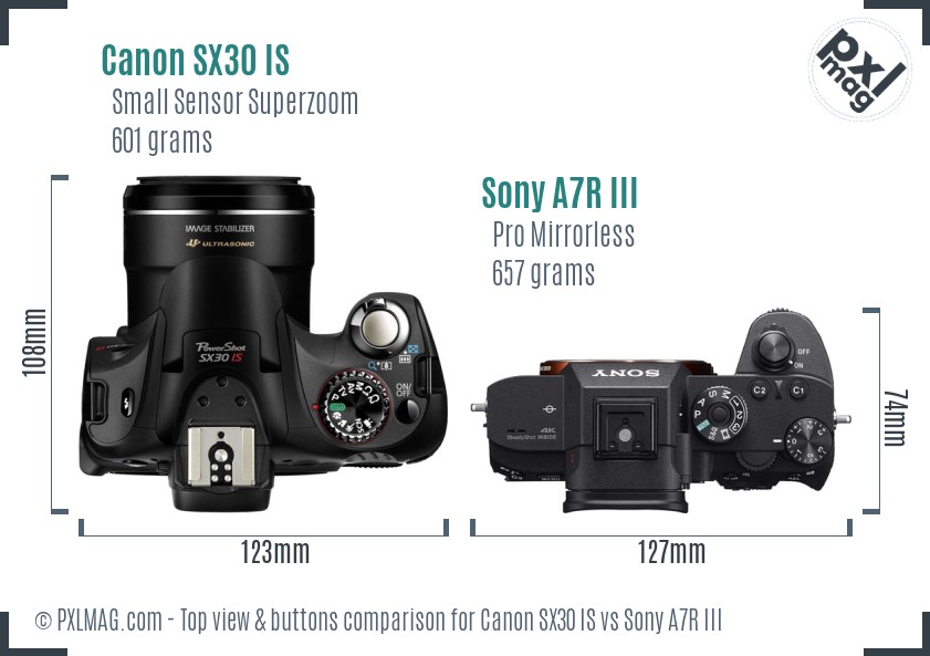 Canon SX30 IS vs Sony A7R III top view buttons comparison