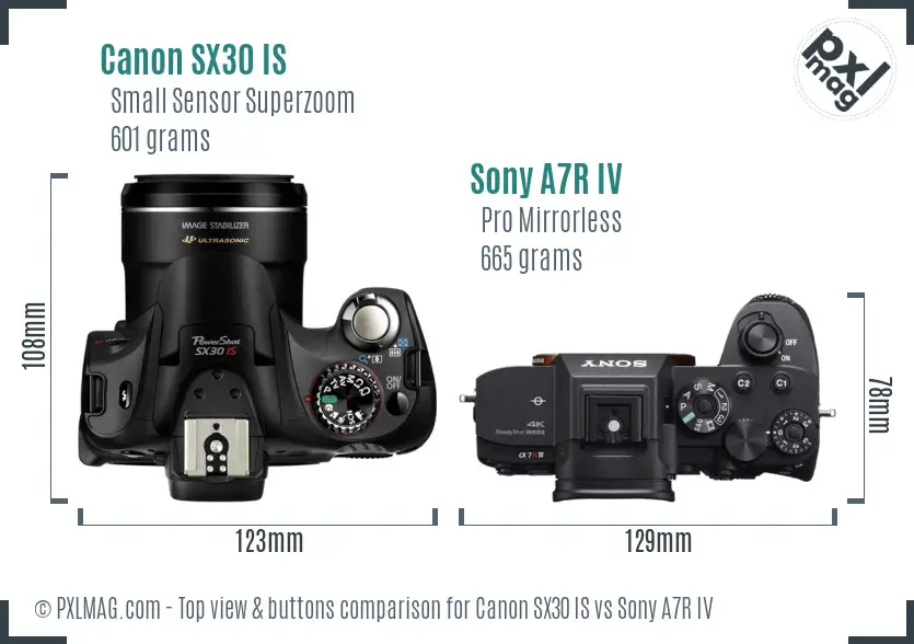 Canon SX30 IS vs Sony A7R IV top view buttons comparison