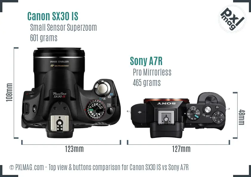 Canon SX30 IS vs Sony A7R top view buttons comparison
