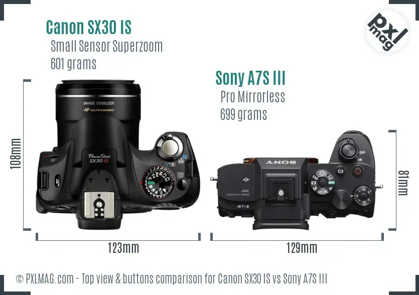 Canon SX30 IS vs Sony A7S III top view buttons comparison