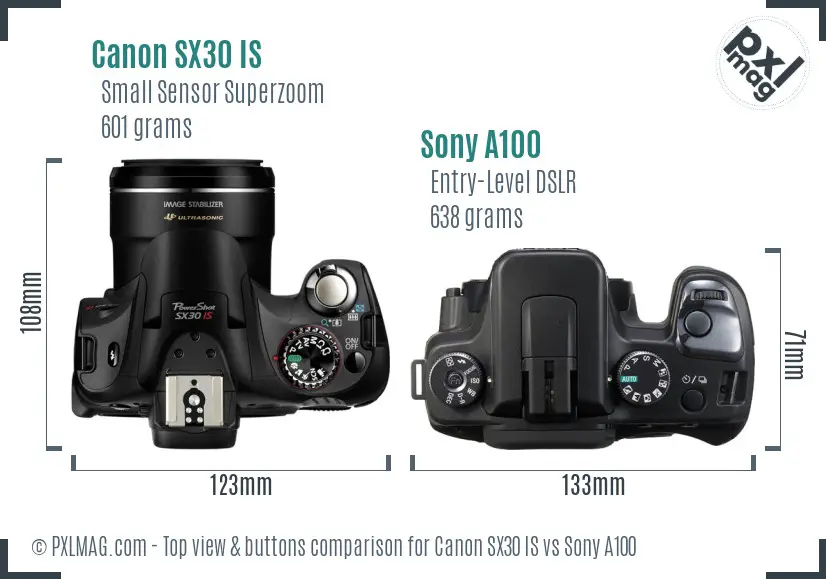 Canon SX30 IS vs Sony A100 top view buttons comparison
