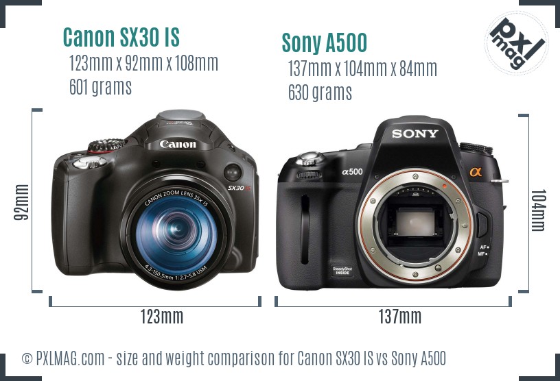 Canon SX30 IS vs Sony A500 size comparison