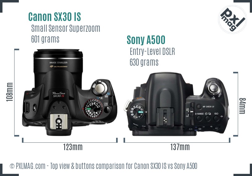 Canon SX30 IS vs Sony A500 top view buttons comparison