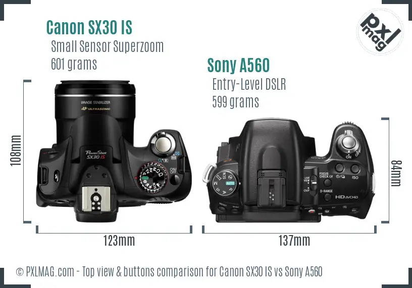 Canon SX30 IS vs Sony A560 top view buttons comparison Canon SX30 IS vs Sony A560 top view buttons comparison