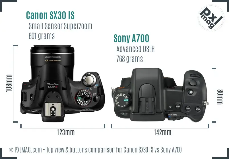 Canon SX30 IS vs Sony A700 top view buttons comparison