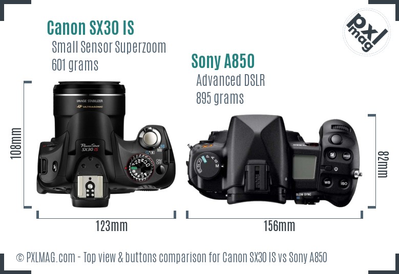 Canon SX30 IS vs Sony A850 top view buttons comparison
