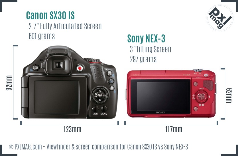 Canon SX30 IS vs Sony NEX-3 Screen and Viewfinder comparison