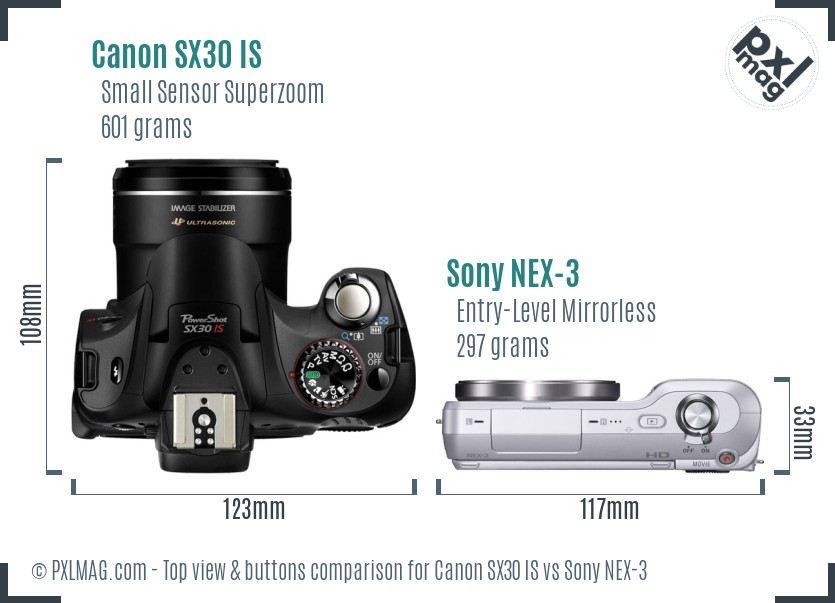 Canon SX30 IS vs Sony NEX-3 top view buttons comparison