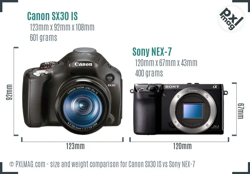 Canon SX30 IS vs Sony NEX-7 size comparison Canon SX30 IS vs Sony NEX-7 size comparison