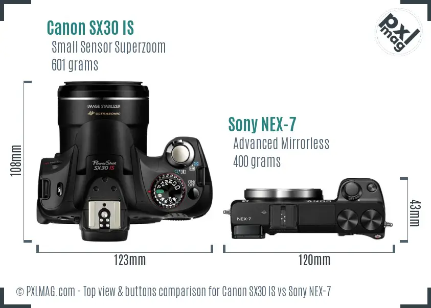 Canon SX30 IS vs Sony NEX-7 top view buttons comparison Canon SX30 IS vs Sony NEX-7 top view buttons comparison