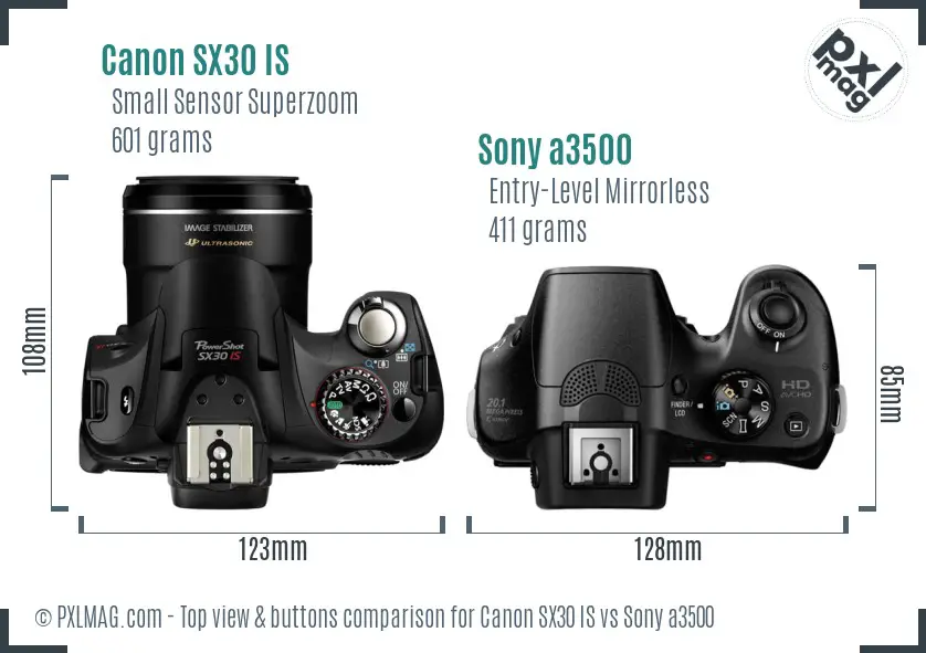Canon SX30 IS vs Sony a3500 top view buttons comparison Canon SX30 IS vs Sony a3500 top view buttons comparison
