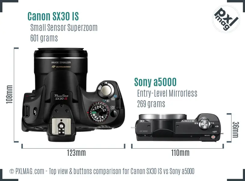 Canon SX30 IS vs Sony a5000 top view buttons comparison