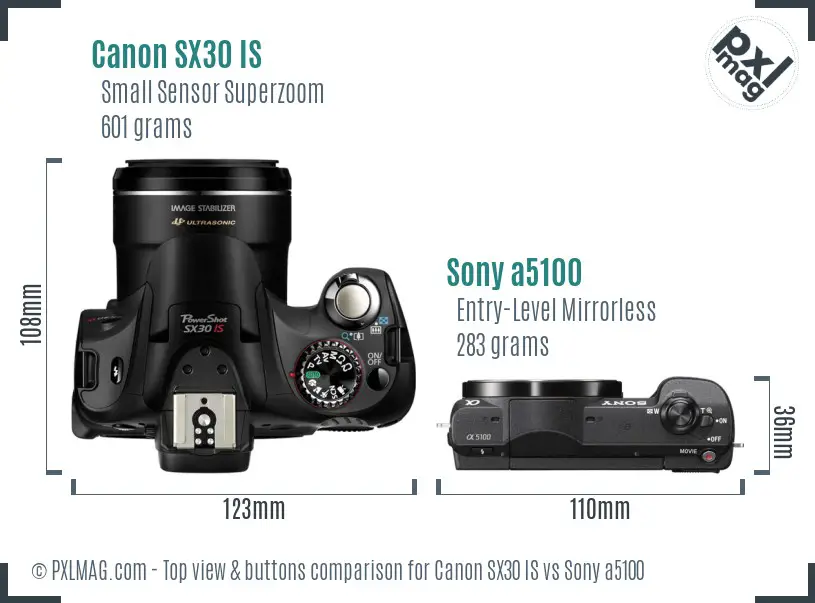 Canon SX30 IS vs Sony a5100 top view buttons comparison