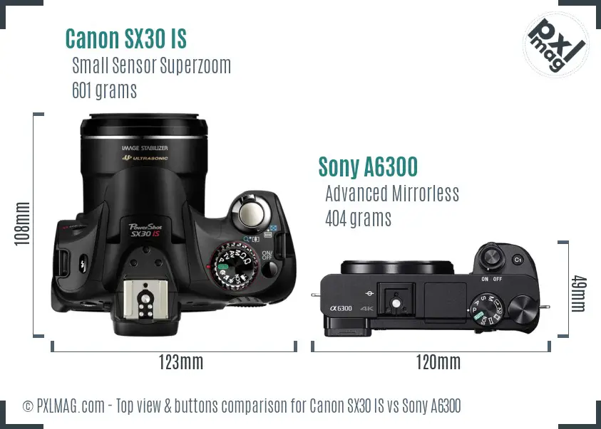 Canon SX30 IS vs Sony A6300 top view buttons comparison Canon SX30 IS vs Sony A6300 top view buttons comparison