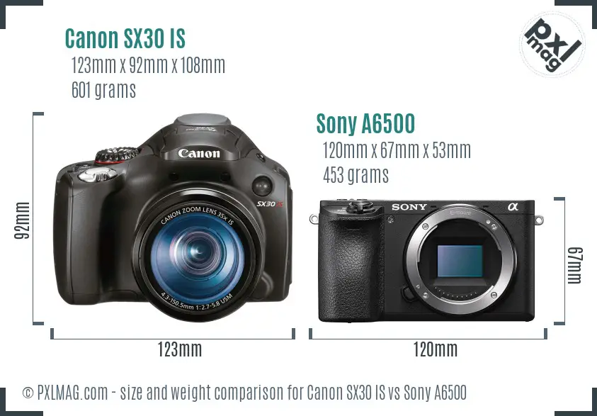 Canon SX30 IS vs Sony A6500 size comparison