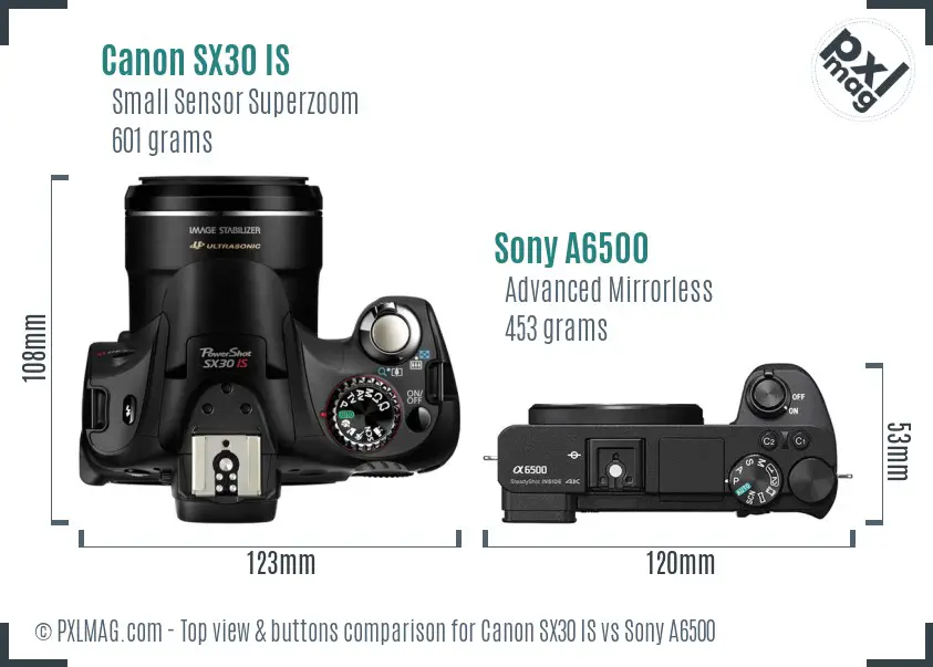 Canon SX30 IS vs Sony A6500 top view buttons comparison
